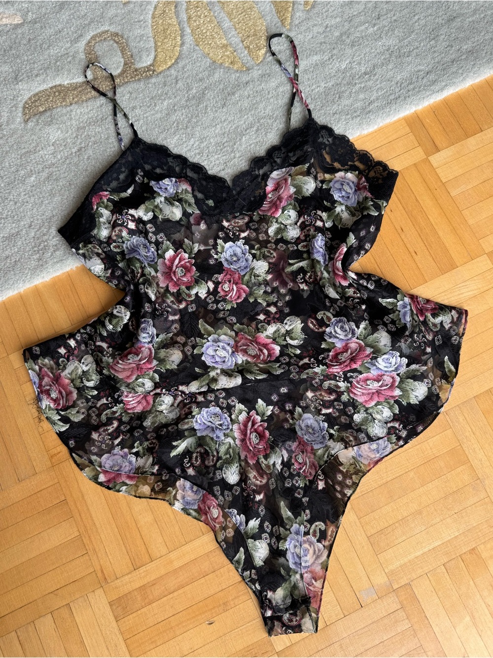 Vintage Silk & Satin Floral Sheer Lace Teddy Bodysuit L